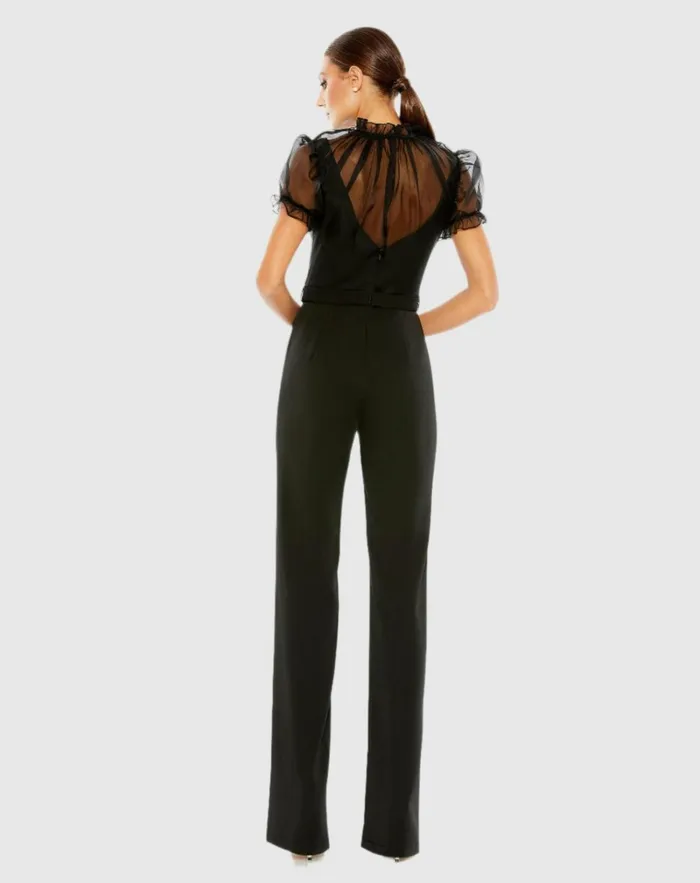 Women Best Sellers Mac Duggal Black Belted Illusion High Neck Cap Sleeve Jumpsuit Black