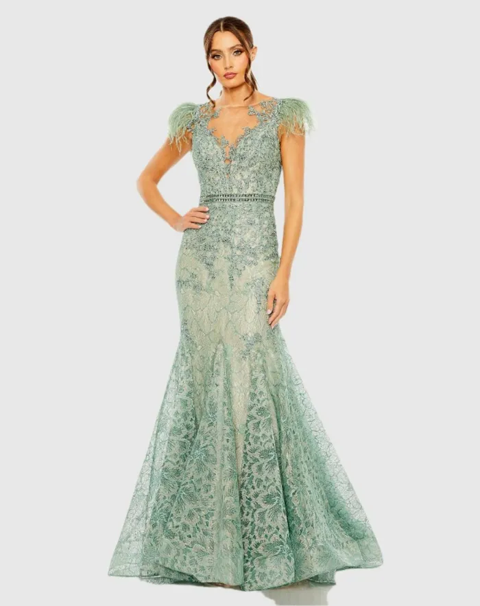 Women Best Sellers Mac Duggal Embellished Feather Cap Sleeve Illusion Neck Trumpet Gown Sage Women Best Sellers Mac Duggal Embellished Feather Cap Sleeve Illusion Neck Trumpet Gown Sage