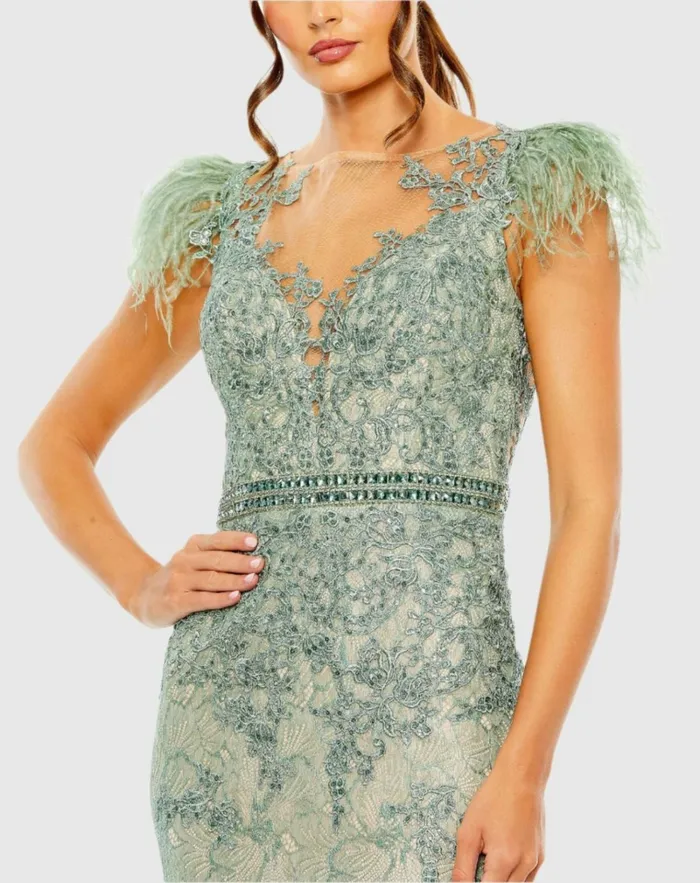 Women Best Sellers Mac Duggal Embellished Feather Cap Sleeve Illusion Neck Trumpet Gown Sage