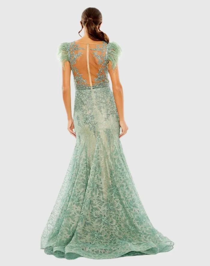 Women Best Sellers Mac Duggal Embellished Feather Cap Sleeve Illusion Neck Trumpet Gown Sage
