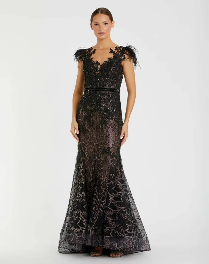 Women Best Sellers Mac Duggal Embellished Feather Cap Sleeve Illusion Neck Trumpet Gown Sage