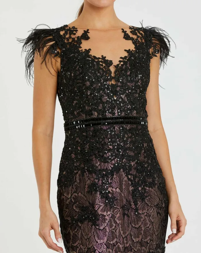 Women Best Sellers Mac Duggal Embellished Feather Cap Sleeve Illusion Neck Trumpet Gown Sage