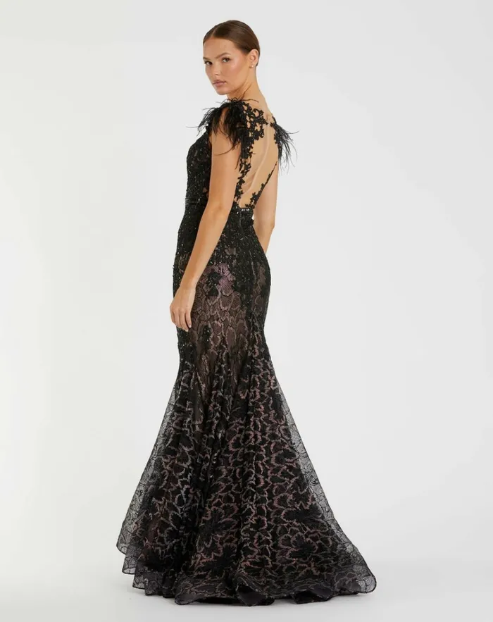 Women Best Sellers Mac Duggal Embellished Feather Cap Sleeve Illusion Neck Trumpet Gown Sage