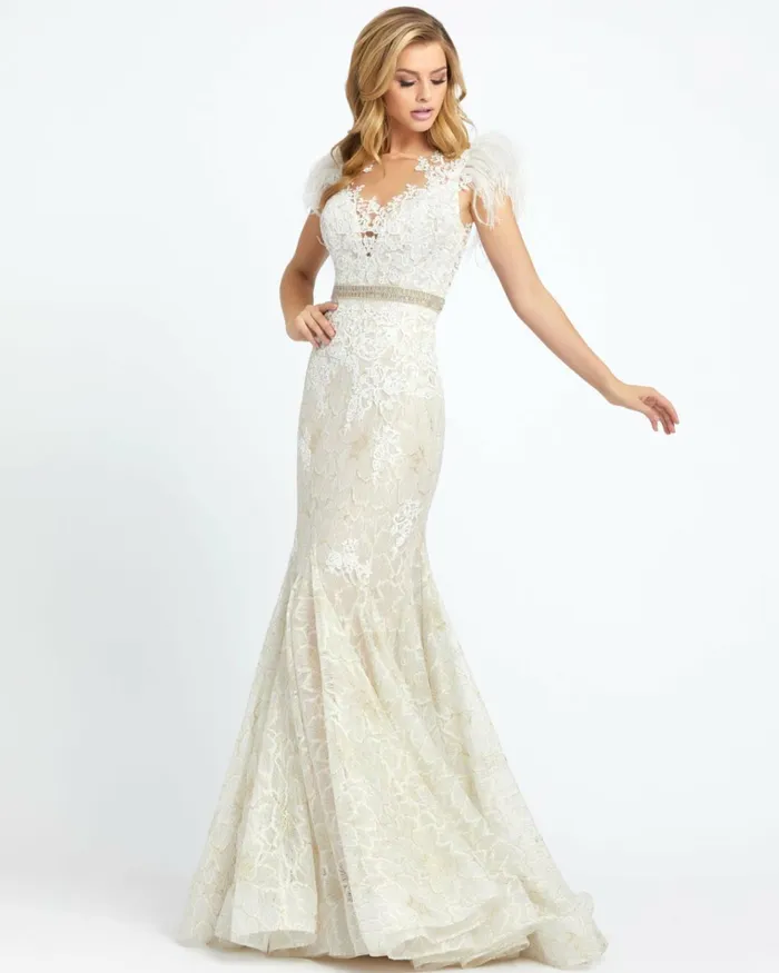 Women Best Sellers Mac Duggal Embellished Feather Cap Sleeve Illusion Neck Trumpet Gown Sage