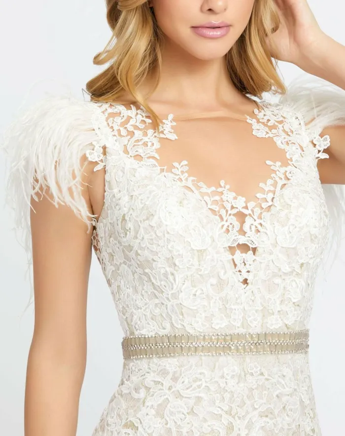 Women Best Sellers Mac Duggal Embellished Feather Cap Sleeve Illusion Neck Trumpet Gown Sage