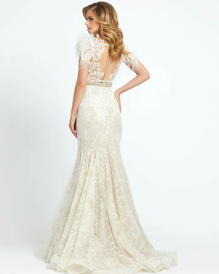Women Best Sellers Mac Duggal Embellished Feather Cap Sleeve Illusion Neck Trumpet Gown Sage