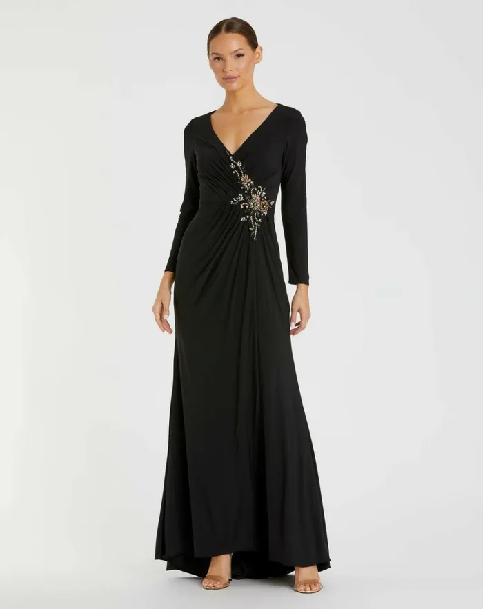 Women Best Sellers Mac Duggal Faux Wrap Long Sleeve Gown W Appliqu Detail Black