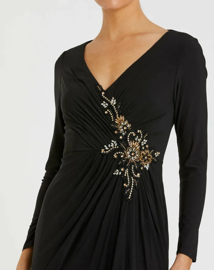Women Best Sellers Mac Duggal Faux Wrap Long Sleeve Gown W Appliqu Detail Black Women Best Sellers Mac Duggal Faux Wrap Long Sleeve Gown W Appliqu Detail Black