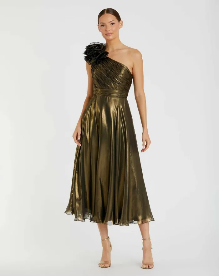 Women Best Sellers Mac Duggal Gold Rosette One Shoulder Tea Length Dress Antique Gold