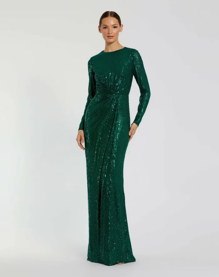 Women Best Sellers Mac Duggal Sequined Long Sleeve Side Knot Dress Emerald
