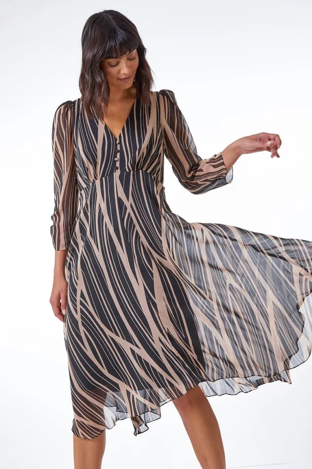 Women Black Abstract Chiffon Wrap Asymmetric Midi Dress Roman Dresses