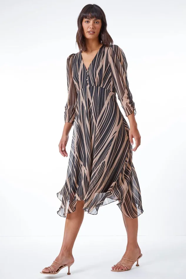 Women Black Abstract Chiffon Wrap Asymmetric Midi Dress Roman Dresses