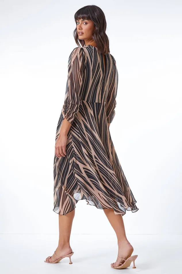 Women Black Abstract Chiffon Wrap Asymmetric Midi Dress Roman Dresses