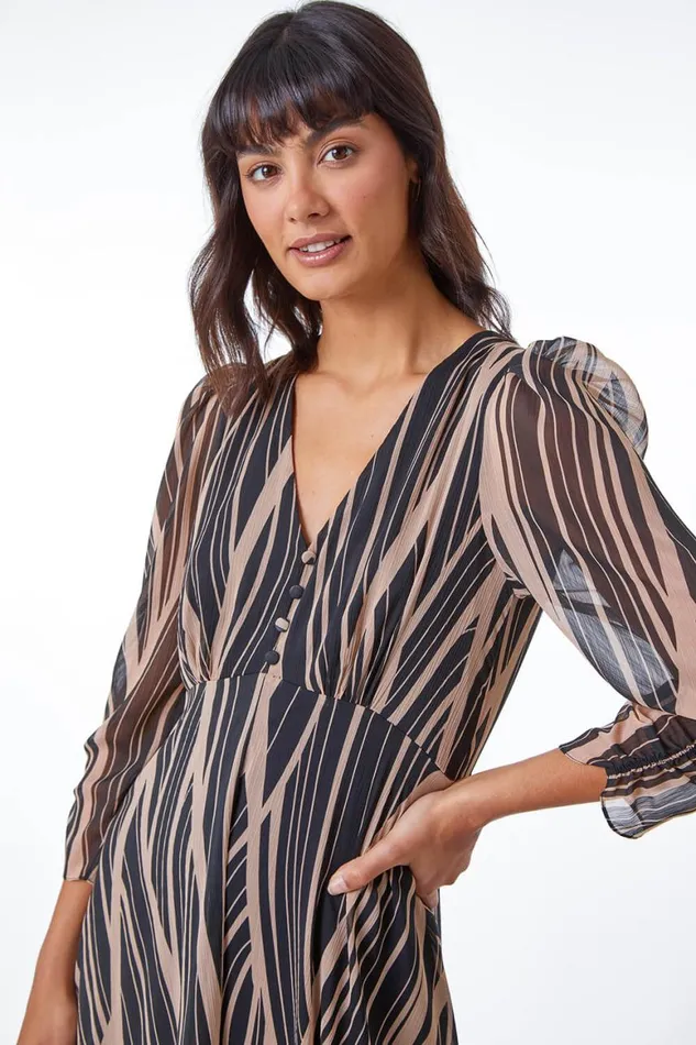 Women Black Abstract Chiffon Wrap Asymmetric Midi Dress Roman Dresses