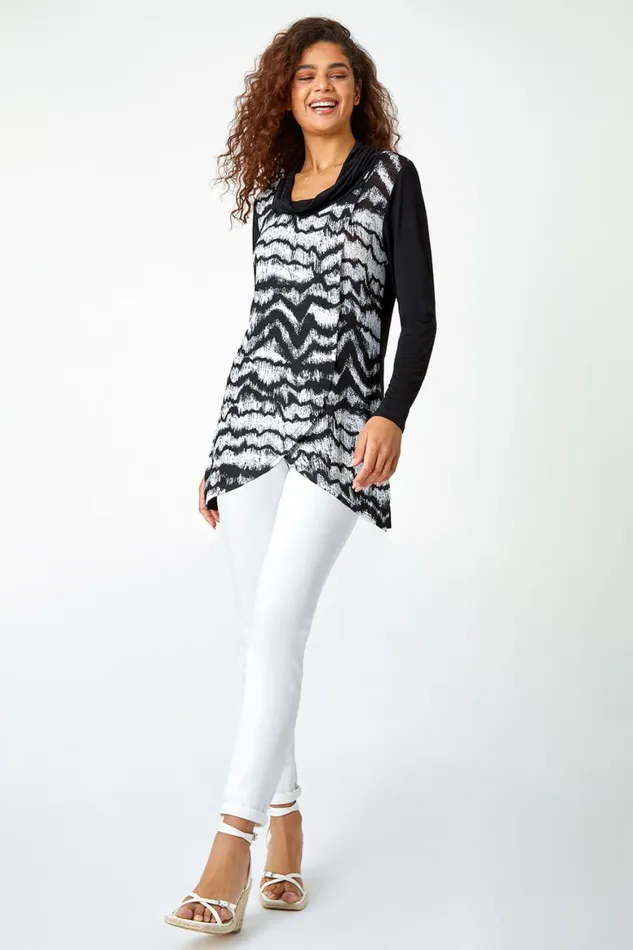Women Black Abstract Print Cowl Neck Stretch Top Roman Tops