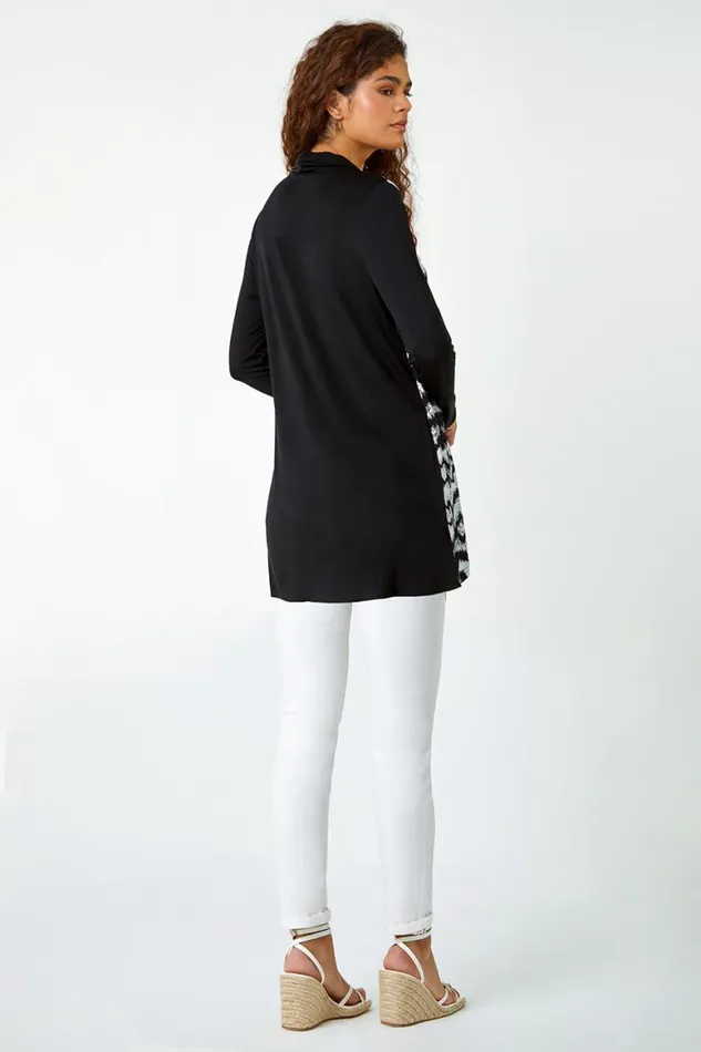 Women Black Abstract Print Cowl Neck Stretch Top Roman Tops