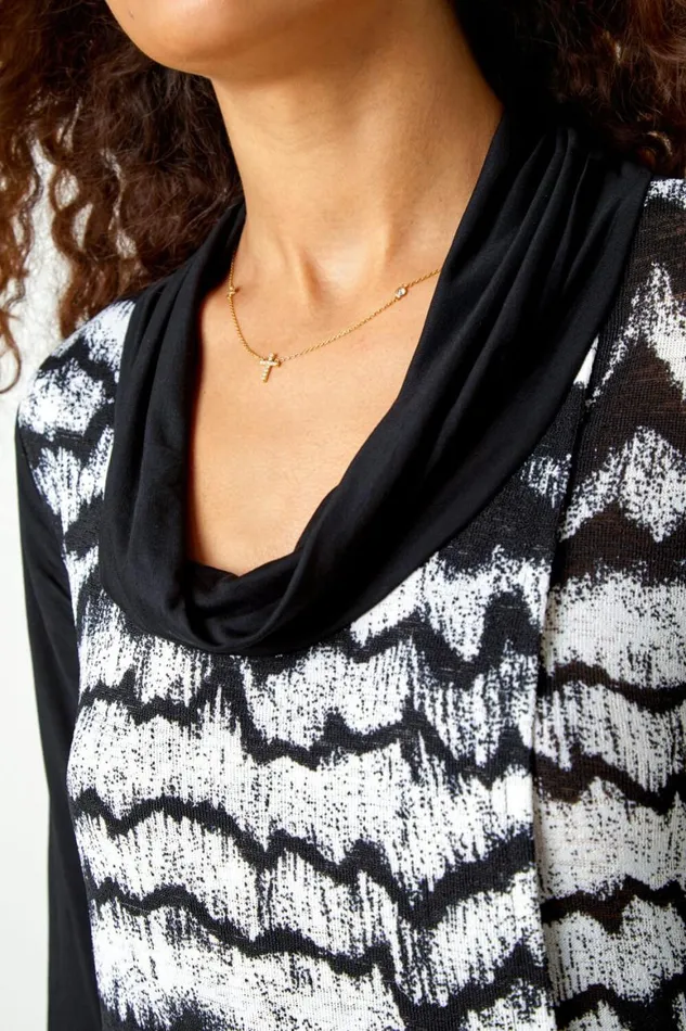 Women Black Abstract Print Cowl Neck Stretch Top Roman Tops