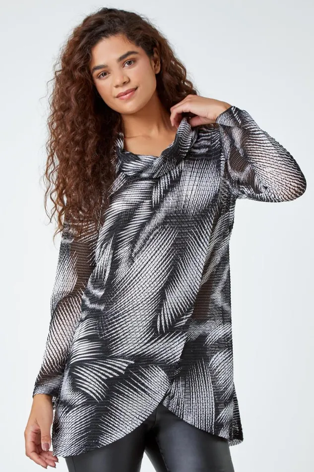Women Black Abstract Print Cowl Neck Stretch Tunic Top Roman Tops