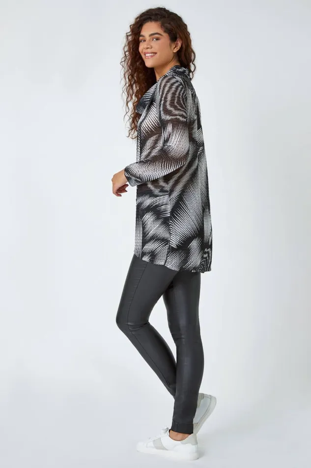 Women Black Abstract Print Cowl Neck Stretch Tunic Top Roman Tops
