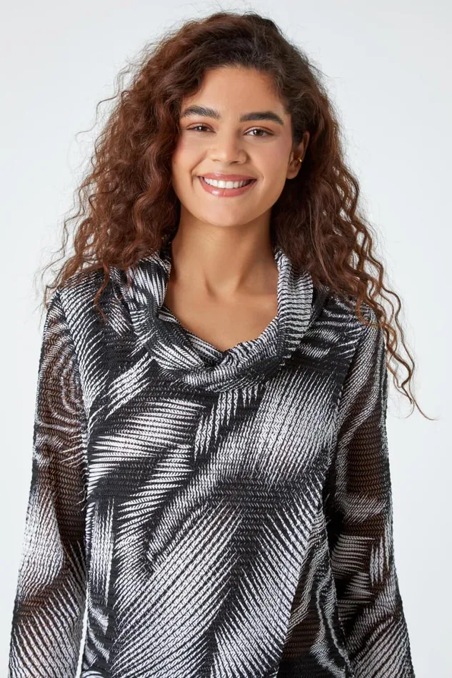 Women Black Abstract Print Cowl Neck Stretch Tunic Top Roman Tops
