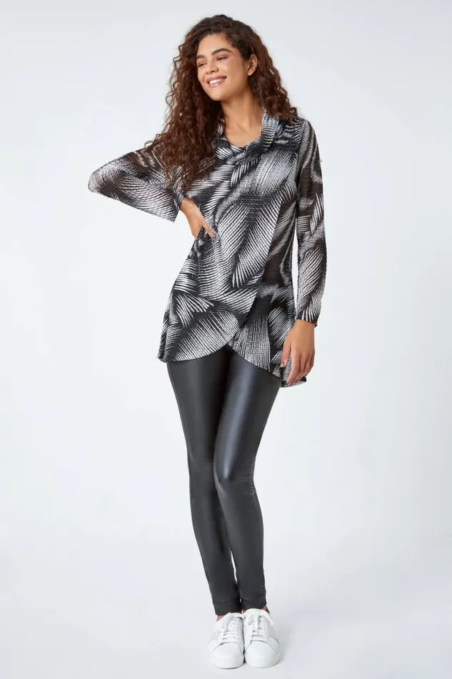 Women Black Abstract Print Cowl Neck Stretch Tunic Top Roman Tops