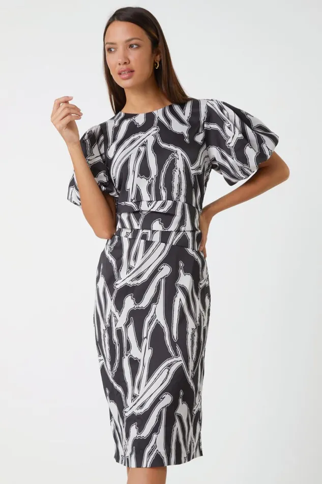 Women Black Abstract Print Ruched Stretch Dress Roman Dresses