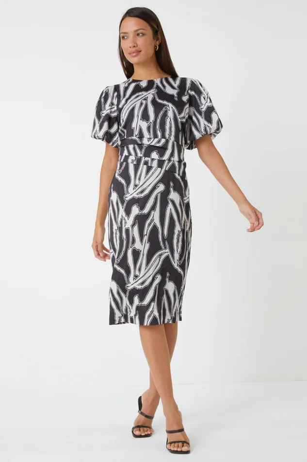 Women Black Abstract Print Ruched Stretch Dress Roman Dresses
