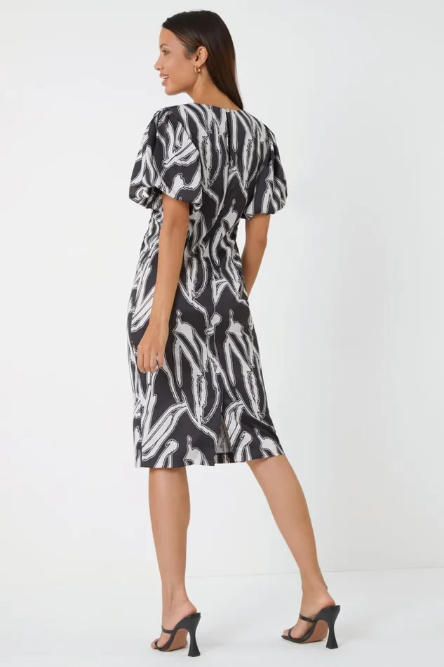 Women Black Abstract Print Ruched Stretch Dress Roman Dresses