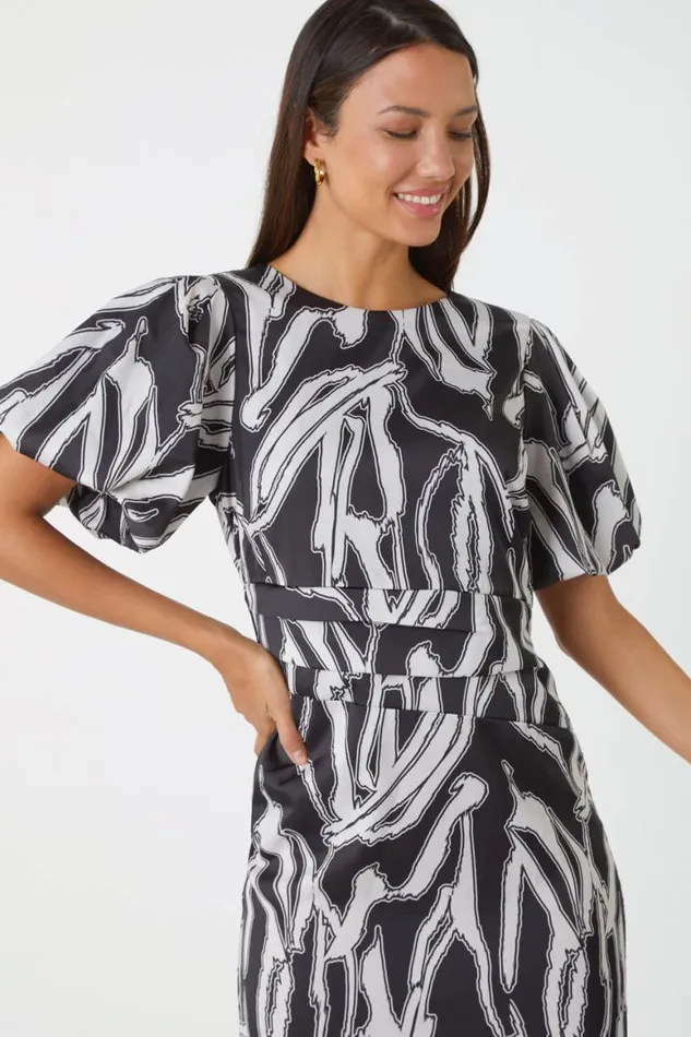 Women Black Abstract Print Ruched Stretch Dress Roman Dresses