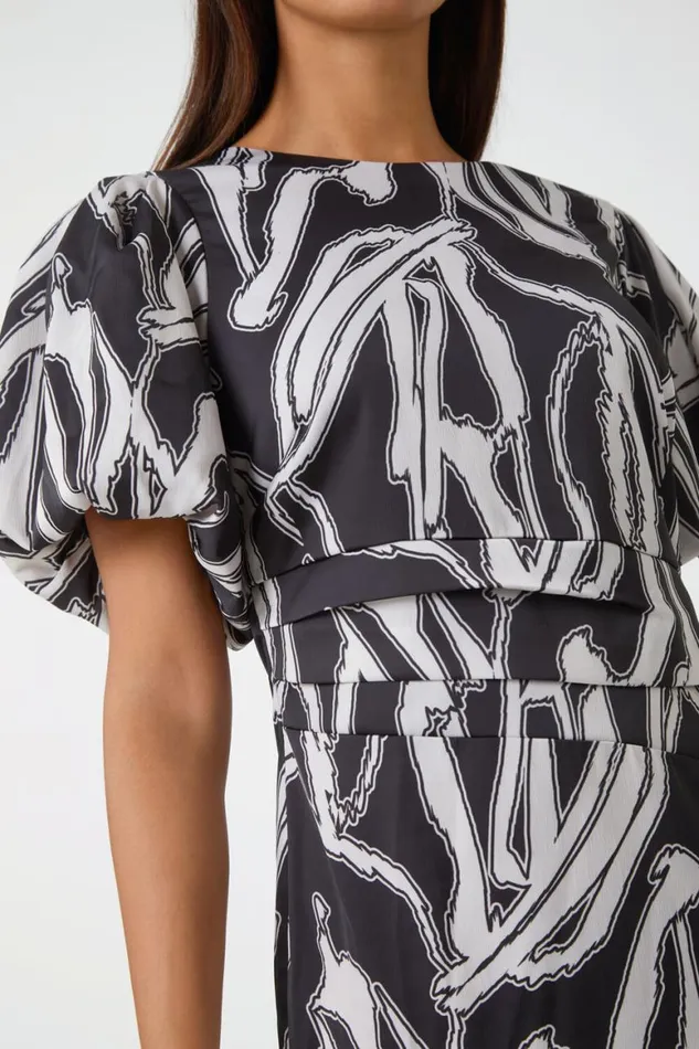 Women Black Abstract Print Ruched Stretch Dress Roman Dresses