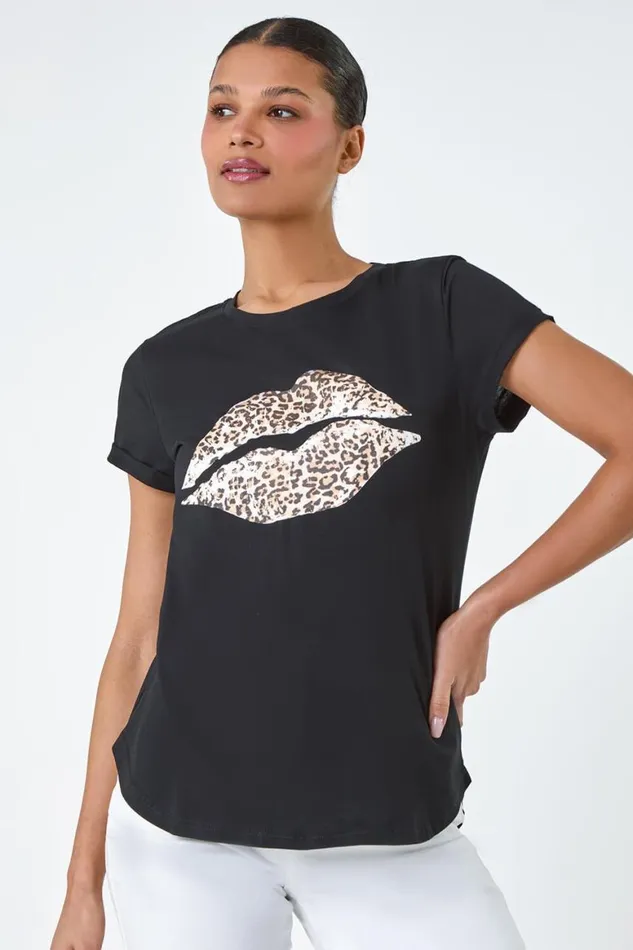 Women Black Animal Print Lips Stretch TShirt Roman Tops