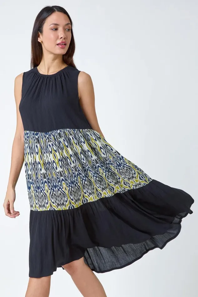 Women Black Aztec Panel Midi Smock Dress Roman Dresses