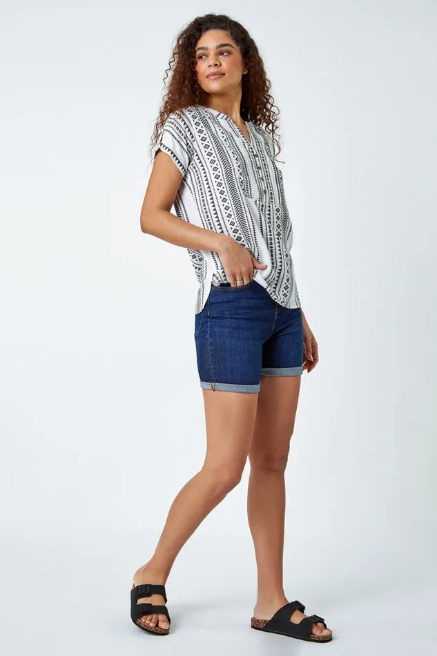 Women Black Aztec Print Button VNeck Detail Top Roman Tops