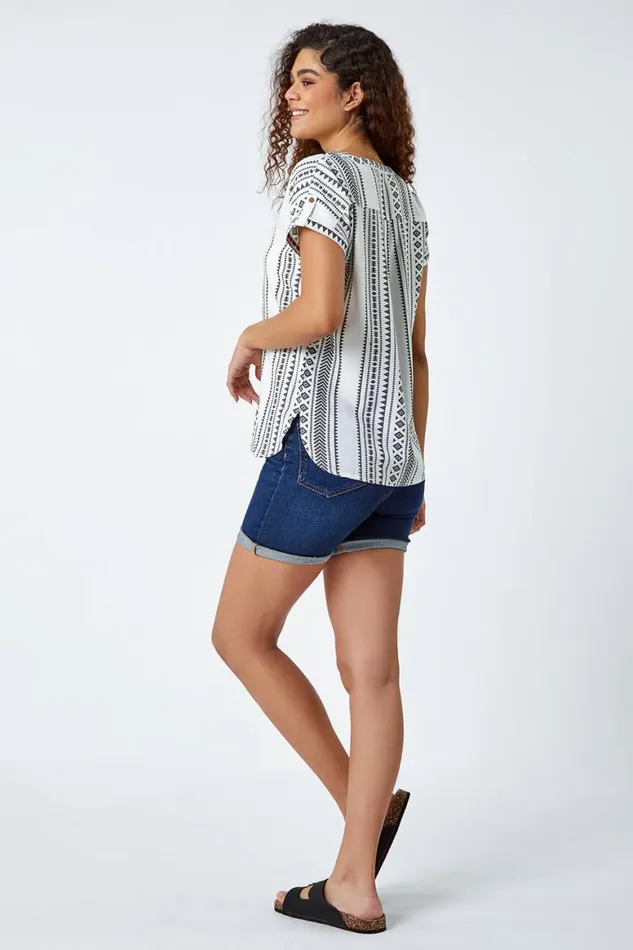Women Black Aztec Print Button VNeck Detail Top Roman Tops