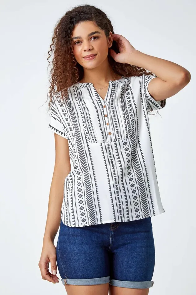Women Black Aztec Print Button VNeck Detail Top Roman Tops