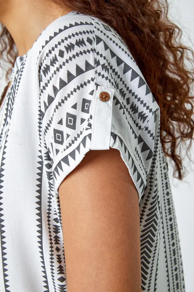 Women Black Aztec Print Button VNeck Detail Top Roman Tops
