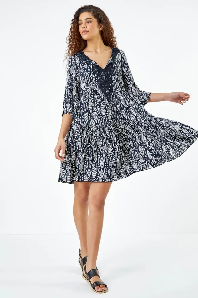 Women Black Aztec Print Lace Detail Smock Dress Roman Dresses