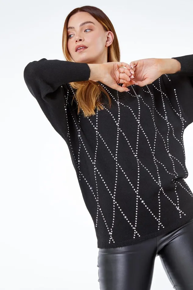 Women Black Batwing Sleeve Embellished Jumper Roman Tops
