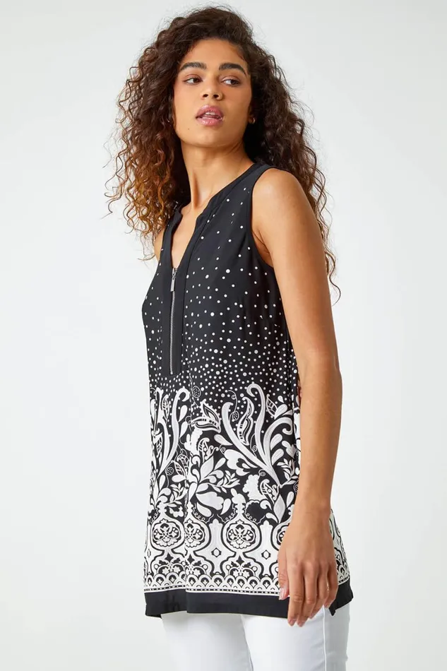 Women Black Border Print Zip Detail VNeck Tunic Top Roman Tops