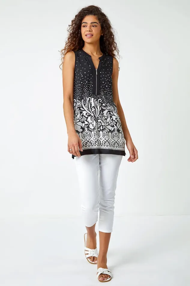 Women Black Border Print Zip Detail VNeck Tunic Top Roman Tops