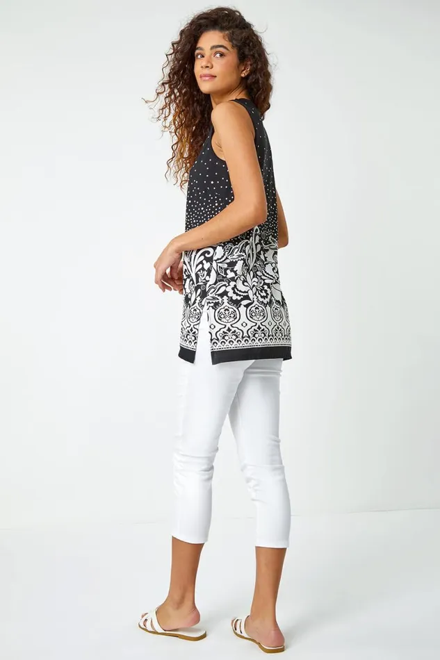 Women Black Border Print Zip Detail VNeck Tunic Top Roman Tops