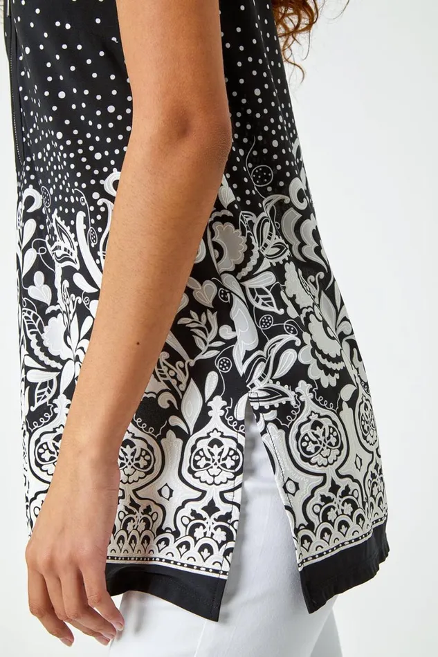 Women Black Border Print Zip Detail VNeck Tunic Top Roman Tops