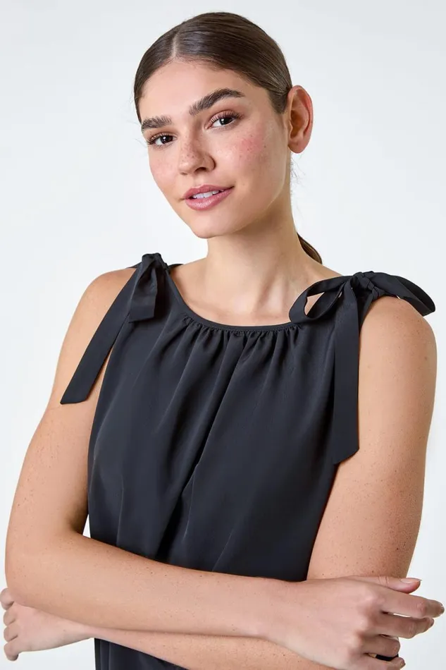 Women Black Bow Detail Shirred Hem Top Roman Tops