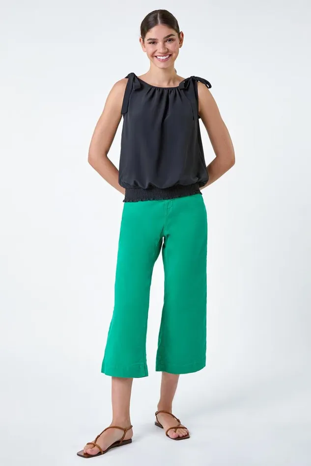 Women Black Bow Detail Shirred Hem Top Roman Tops
