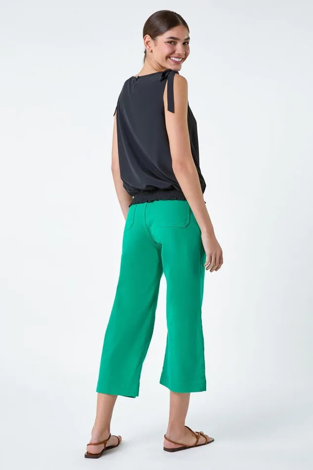 Women Black Bow Detail Shirred Hem Top Roman Tops