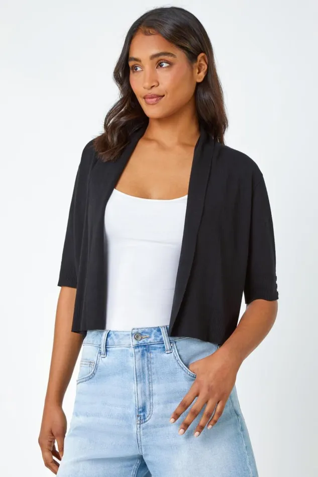 Women Black Button Cuff Knitted Shrug Roman Jackets
