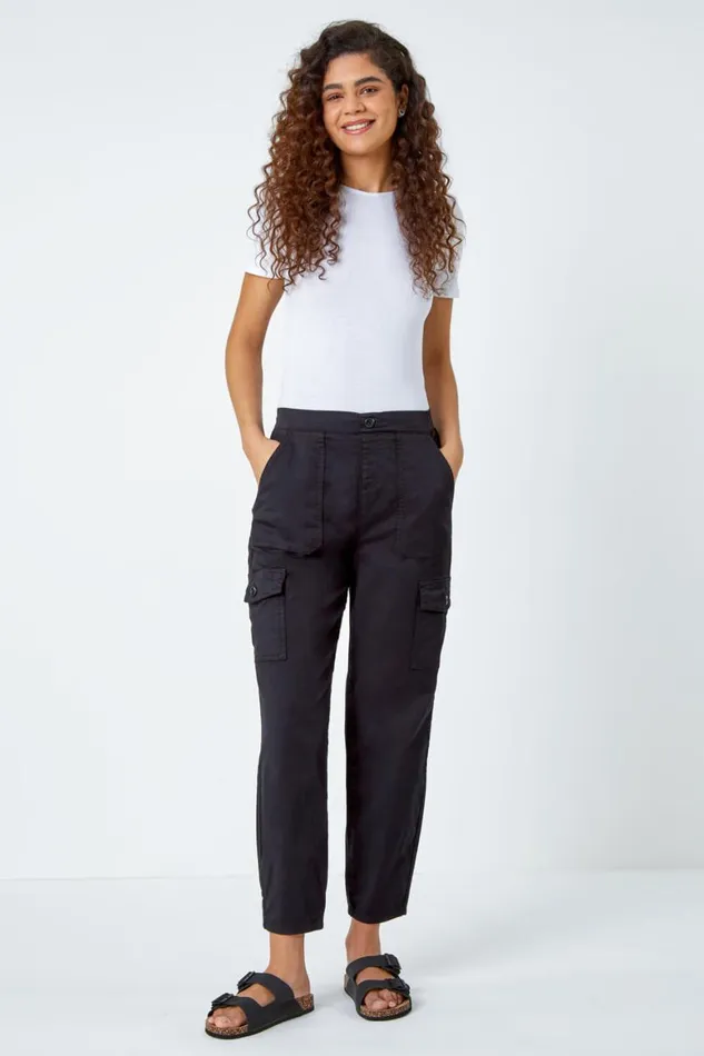 Women Black Casual Elastic Waist Cargo Stretch Trousers Roman Trousers