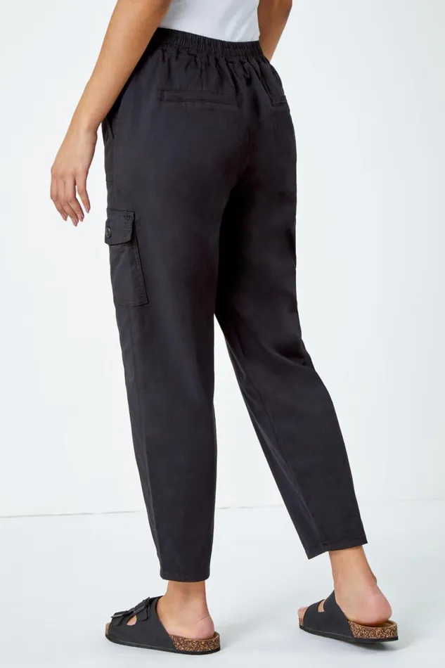 Women Black Casual Elastic Waist Cargo Stretch Trousers Roman Trousers