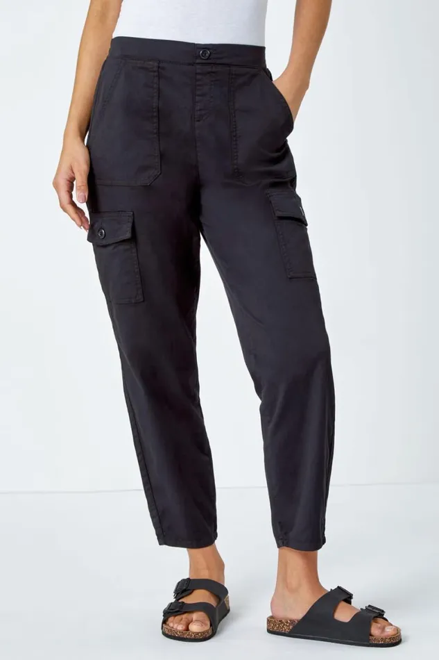 Women Black Casual Elastic Waist Cargo Stretch Trousers Roman Trousers