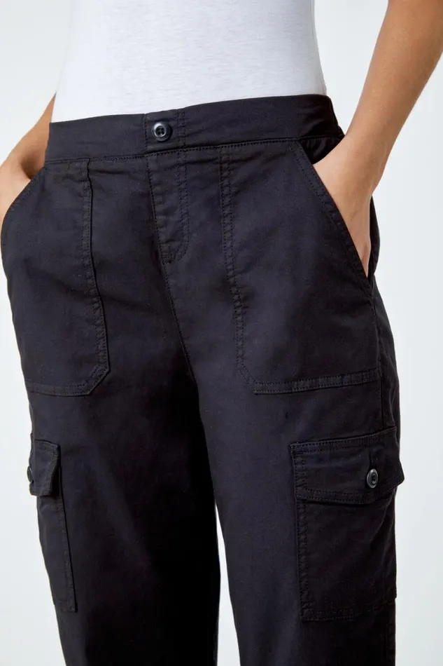 Women Black Casual Elastic Waist Cargo Stretch Trousers Roman Trousers